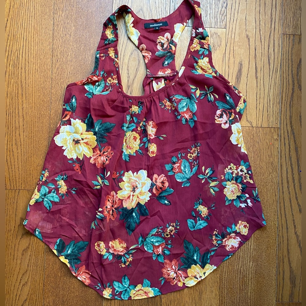 Red floral linen tank top (open back)